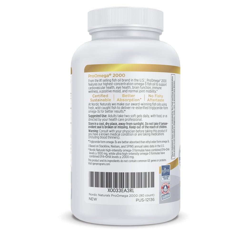 Nordic Naturals ProOmega 2000 lemon bottle with seal, allergen-friendly promise.