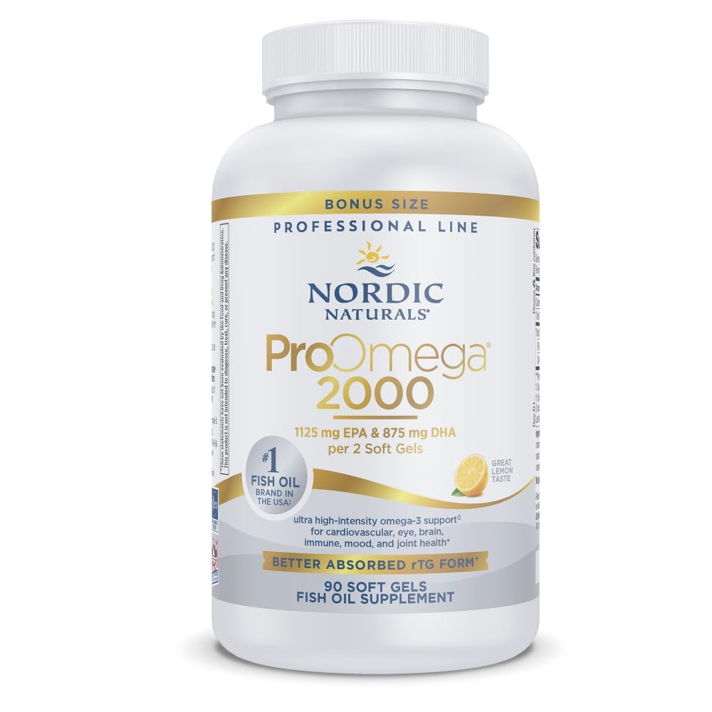Nordic Naturals ProOmega 2000 lemon bottle on a clean counter, premium omega-3 source.