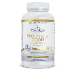 Nordic Naturals ProOmega 2000 lemon bottle on a clean counter, premium omega-3 source.
