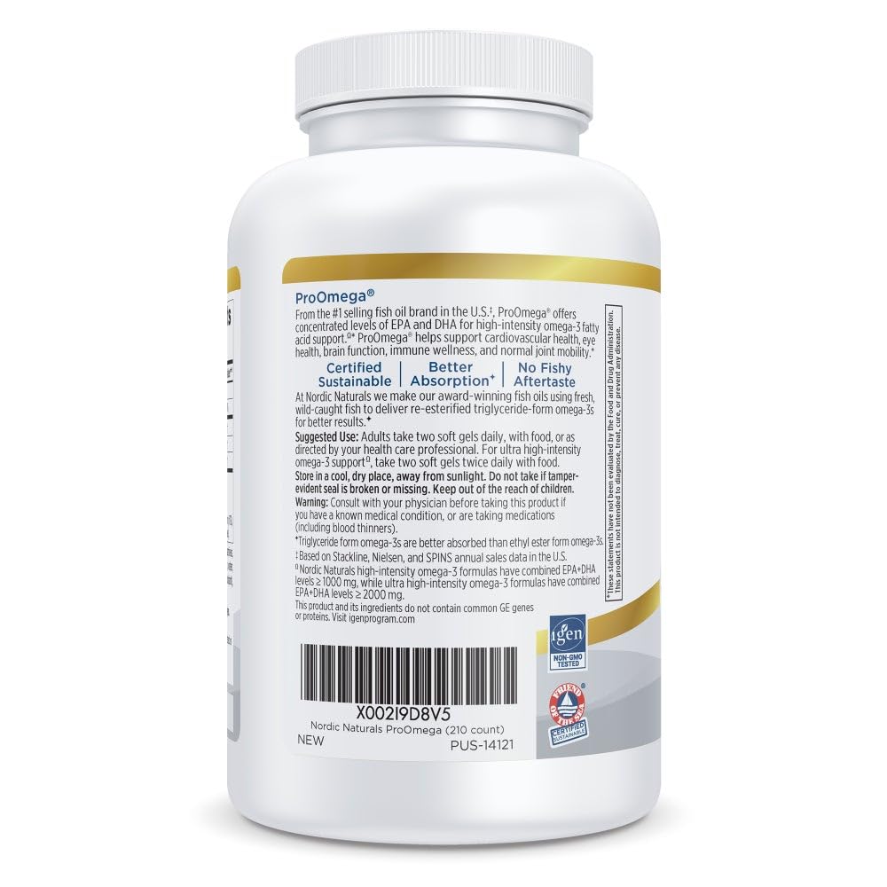 Nordic Naturals ProOmega lemon packaging box highlighting 210 soft gels and 1000 mg EPA/DHA