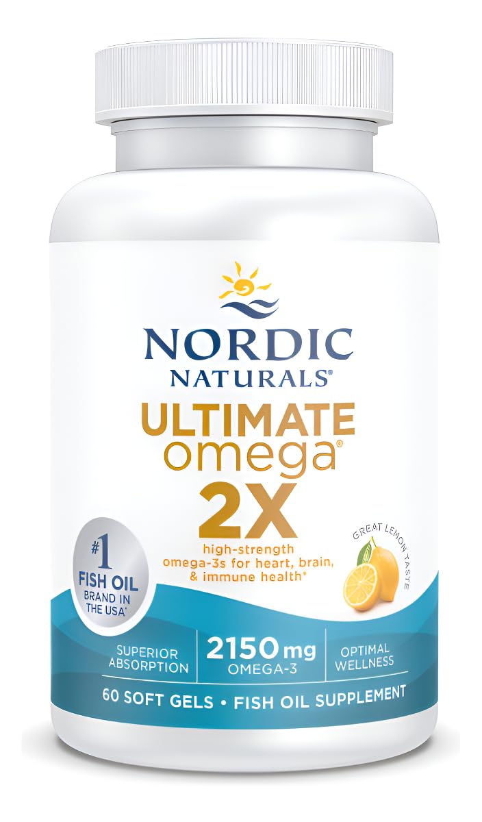 Nordic Naturals Ultimate Omega 2X bottle on table in a calm setting.