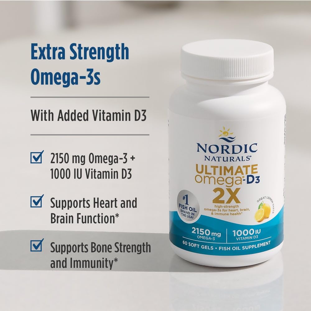 Nordic Naturals Ultimate Omega 2X capsules closeup highlights soft gel capsules for easy swallowing.