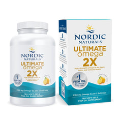 Nordic Naturals Ultimate Omega 2X lemon bottle viewed for easy daily omega-3 support.