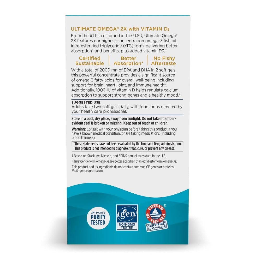 Nordic Naturals Ultimate Omega 2X packaging on table conveys quality and sustainability.