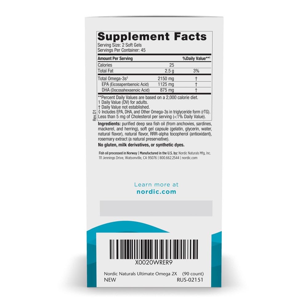 Nordic Naturals Ultimate Omega 2X softgels close-up showing lemon scent and easy swallow