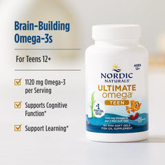 Close-up label on Nordic Naturals Ultimate Omega 2x Teen strawberry bottle highlighting omega-3 content