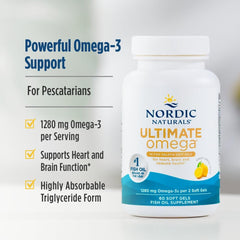 Nordic Naturals Ultimate Omega bottle close-up highlights lemon flavor and high-potency daily use.