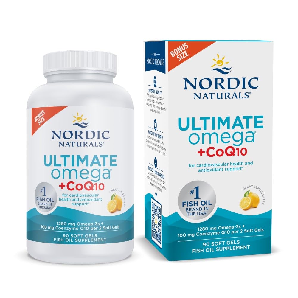 Nordic Naturals Ultimate Omega + CoQ10 lemon bottle shown for daily heart support.