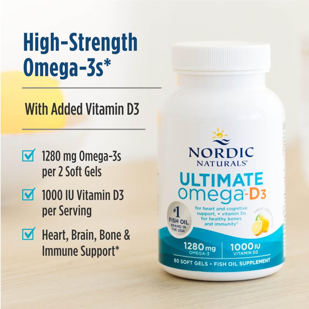 Nordic Naturals Ultimate Omega-D3 bottle highlights vitamin D3 for mood.