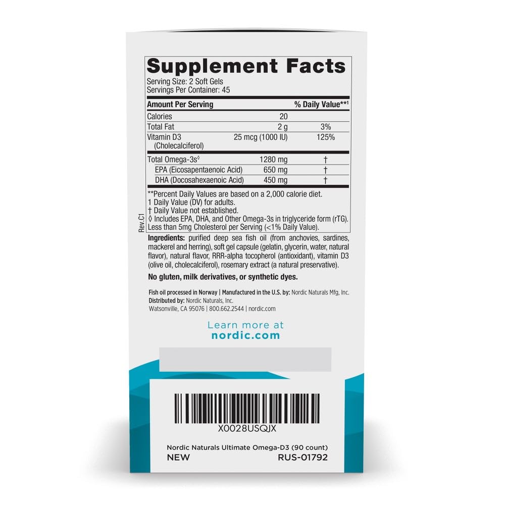 Nordic Naturals Ultimate Omega-D3 soft gels close-up shows lemon flavor.