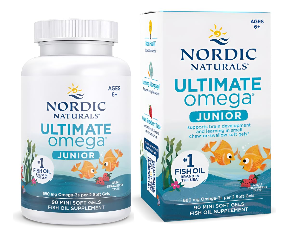 Nordic Naturals Ultimate Omega Jr. strawberry bottle demonstrates a kid-friendly omega-3 option.
