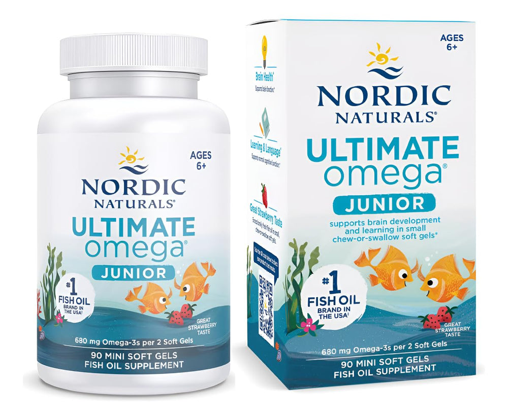Nordic Naturals Ultimate Omega Jr. strawberry bottle demonstrates a kid-friendly omega-3 option.