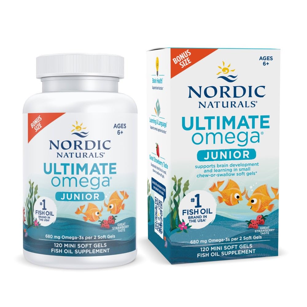 Nordic Naturals Ultimate Omega Jr. strawberry bottle supports kid-friendly omega-3 intake.