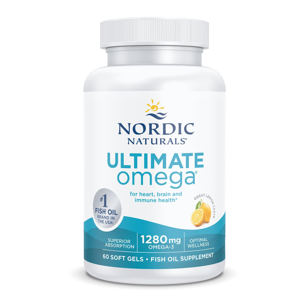 Nordic Naturals Ultimate Omega label close-up shows non-GMO, gluten-free ingredients.