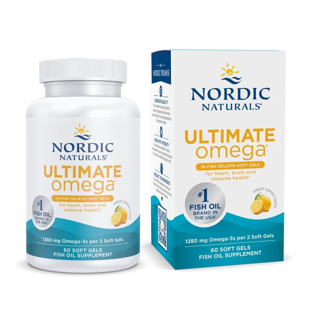 Nordic Naturals Ultimate Omega lemon soft gels bottle may support heart and brain health.