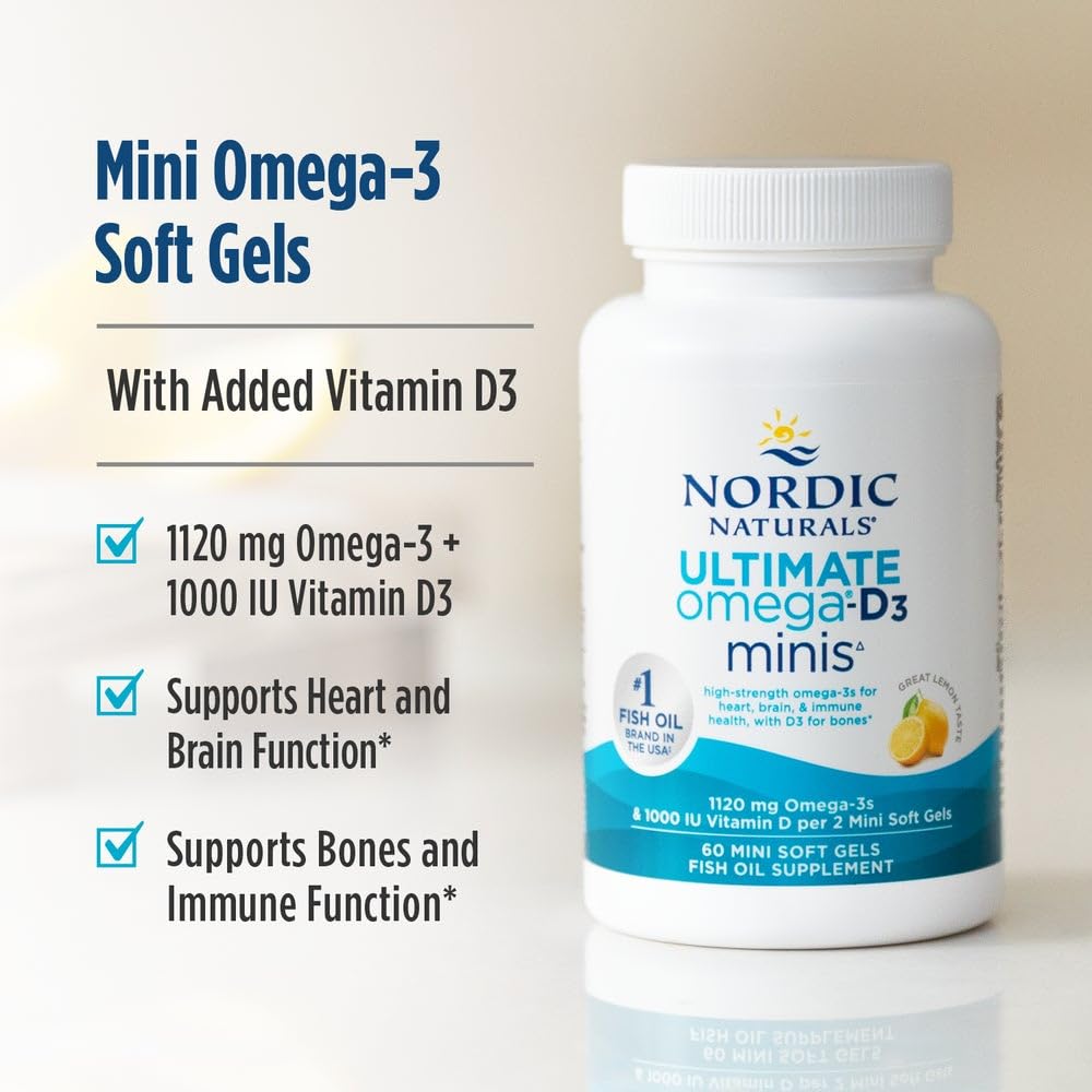 Nordic Naturals Ultimate Omega Mini D3 lemon label view showing EPA/DHA and D3.