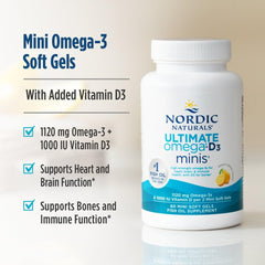 Nordic Naturals Ultimate Omega Mini D3 lemon label view showing EPA/DHA and D3.