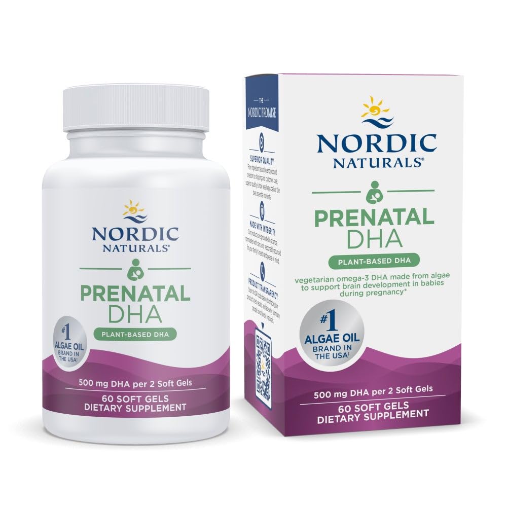 Nordic Naturals Vegan Prenatal DHA bottle showing algae-based omega-3 for pregnancy support.