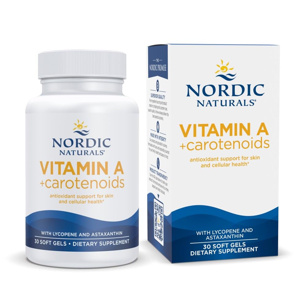 Nordic Naturals Vitamin A Carotenoids bottle for unflavored soft gels supporting antioxidant health