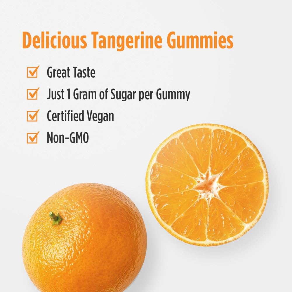 Gummy close-up emphasizes tangy taste and 1 g sugar per gummy for daily use.