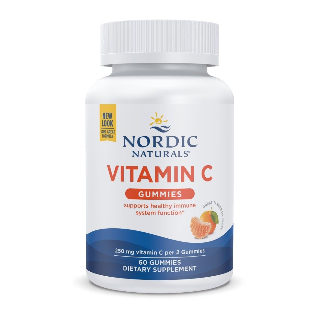 Nordic Naturals Vitamin C Gummies Tart Tangerine bottle demonstrates kid-friendly immune support.