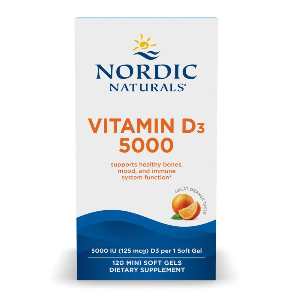 Nordic Naturals Vitamin D3 5000 orange bottle with easy-to-swallow mini soft gels for daily support