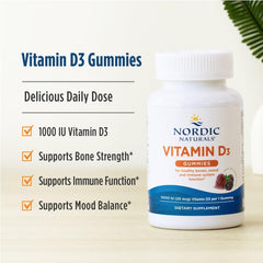 Nordic Naturals Vitamin D3 Gummies Wild Berry bottle label highlights non-GMO and gluten-free