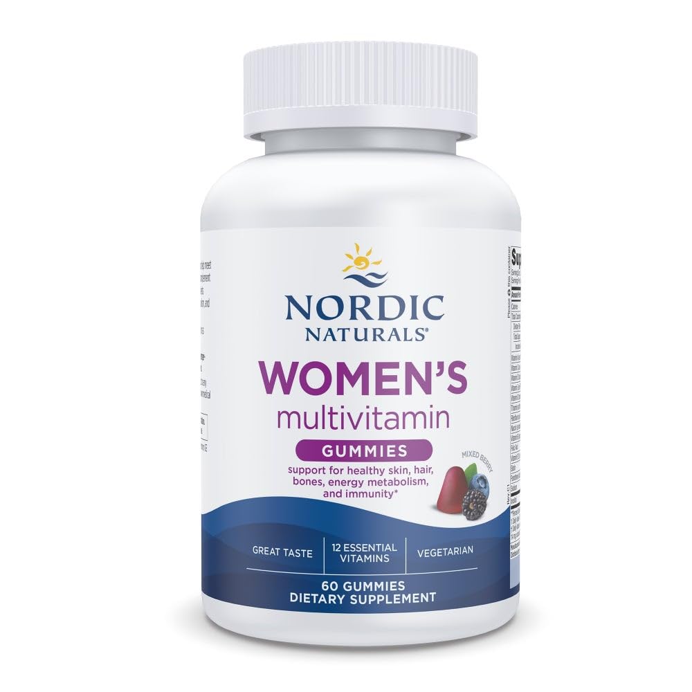 Nordic Naturals Women's Multivitamin Gummies bottle with mixed berry flavor for daily wellness support.