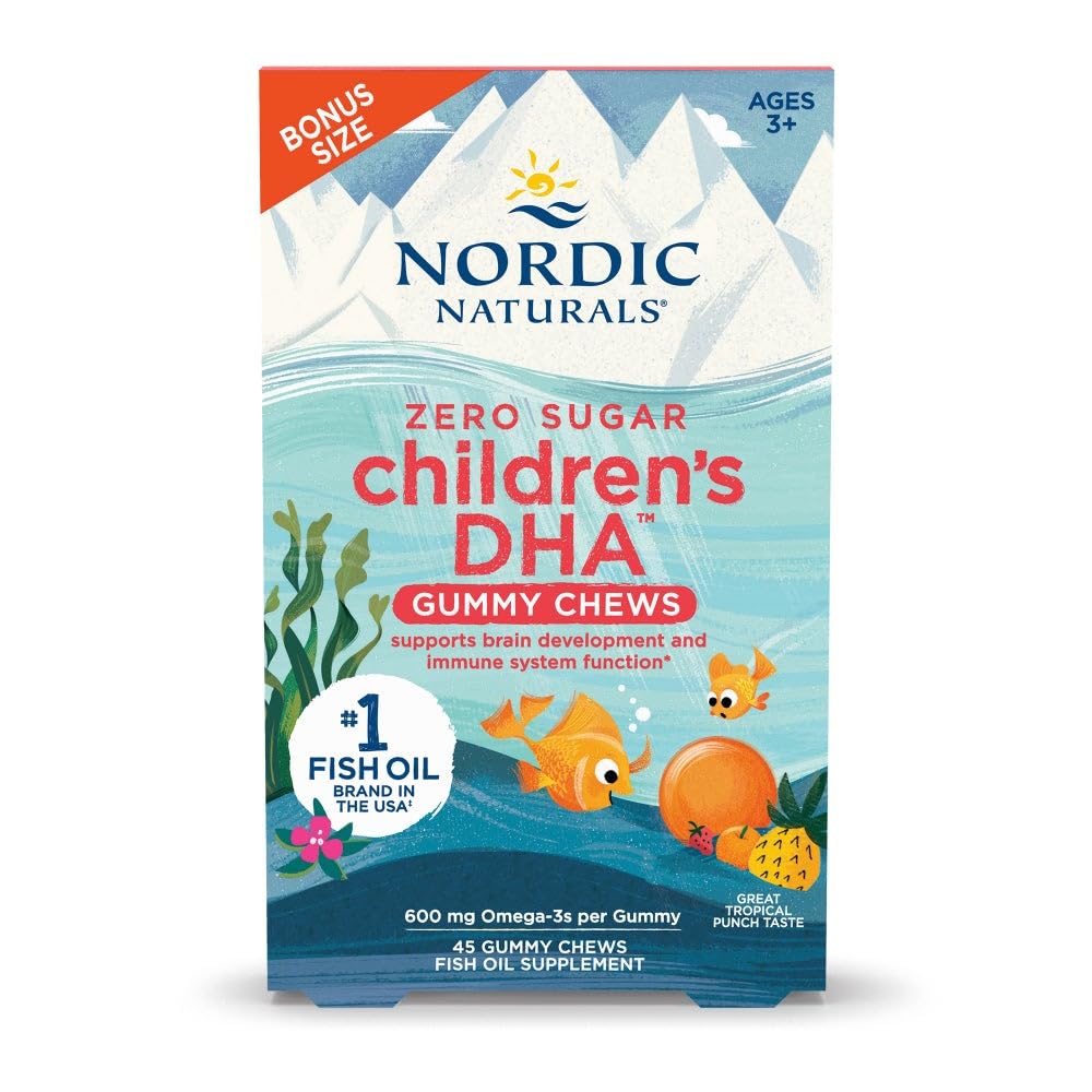 Nordic Naturals Zero Sugar Children's DHA Gummies tropical-punch bottle for easy on-the-go omega-3.