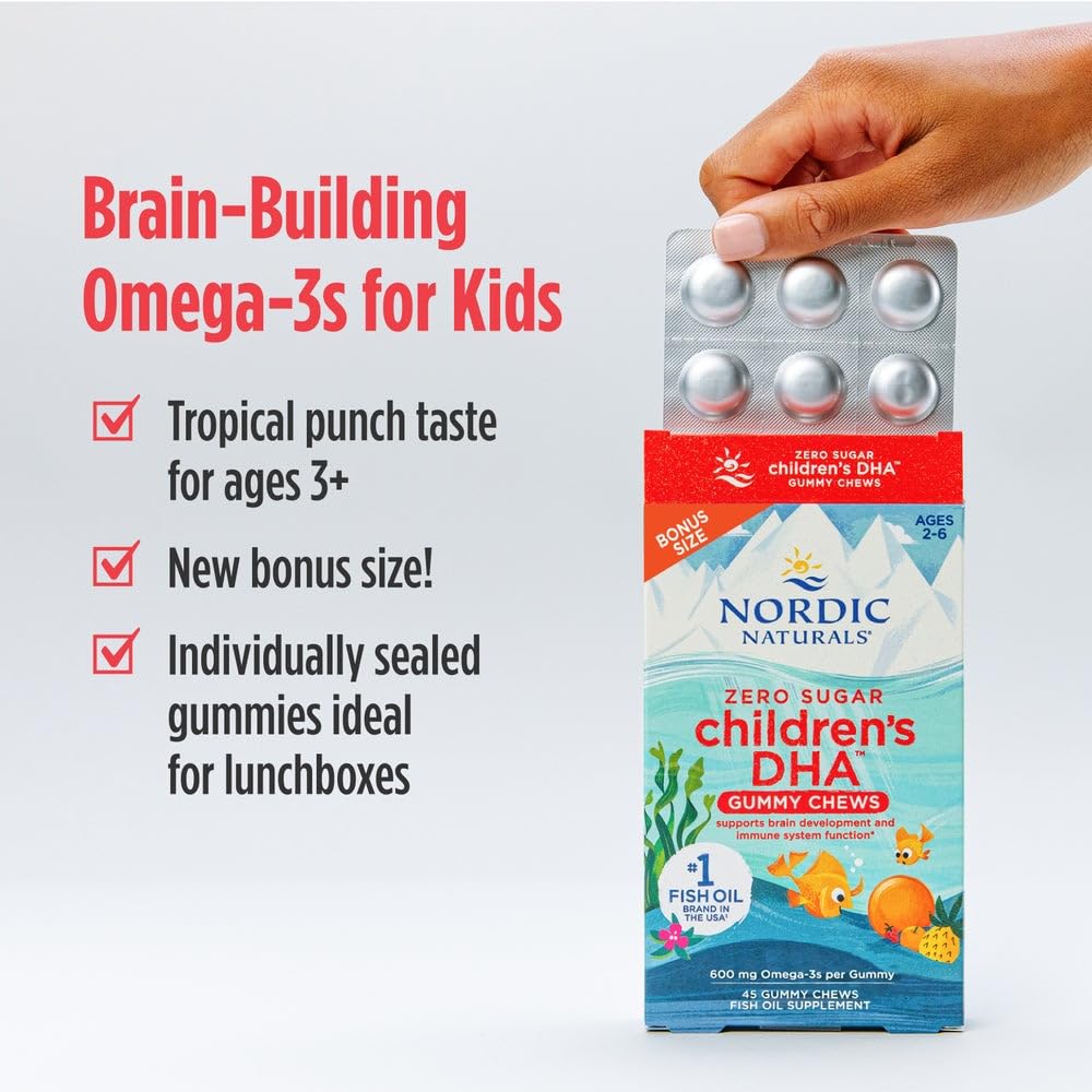 Nordic Naturals Zero Sugar Children's DHA Gummies foil packs, easy-to-open portions for travel.