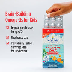 Nordic Naturals Zero Sugar Children's DHA Gummies foil packs, easy-to-open portions for travel.