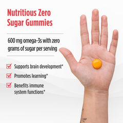 Nordic Naturals Zero Sugar Children's DHA Gummies tropical-punch gummies close-up, kid-friendly taste supports daily omega-3 intake.