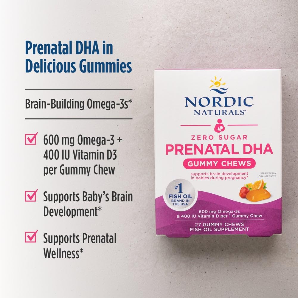 Nordic Naturals Zero Sugar Prenatal Gummies strawberry orange flavor close-up emphasizes fruity taste
