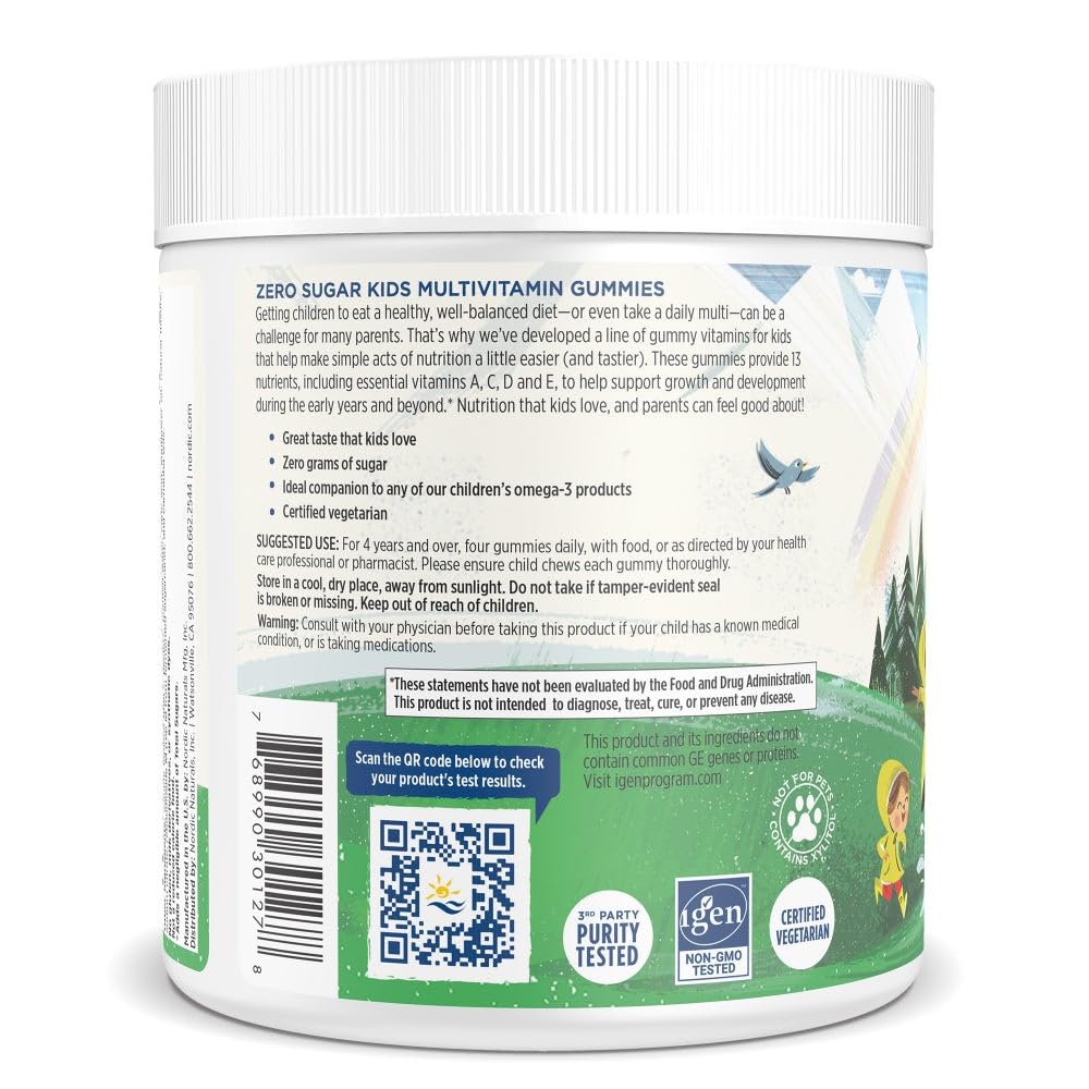 Nordic Naturals Zero Sugar Kids Multi Gummies bottle on kitchen counter ready for use