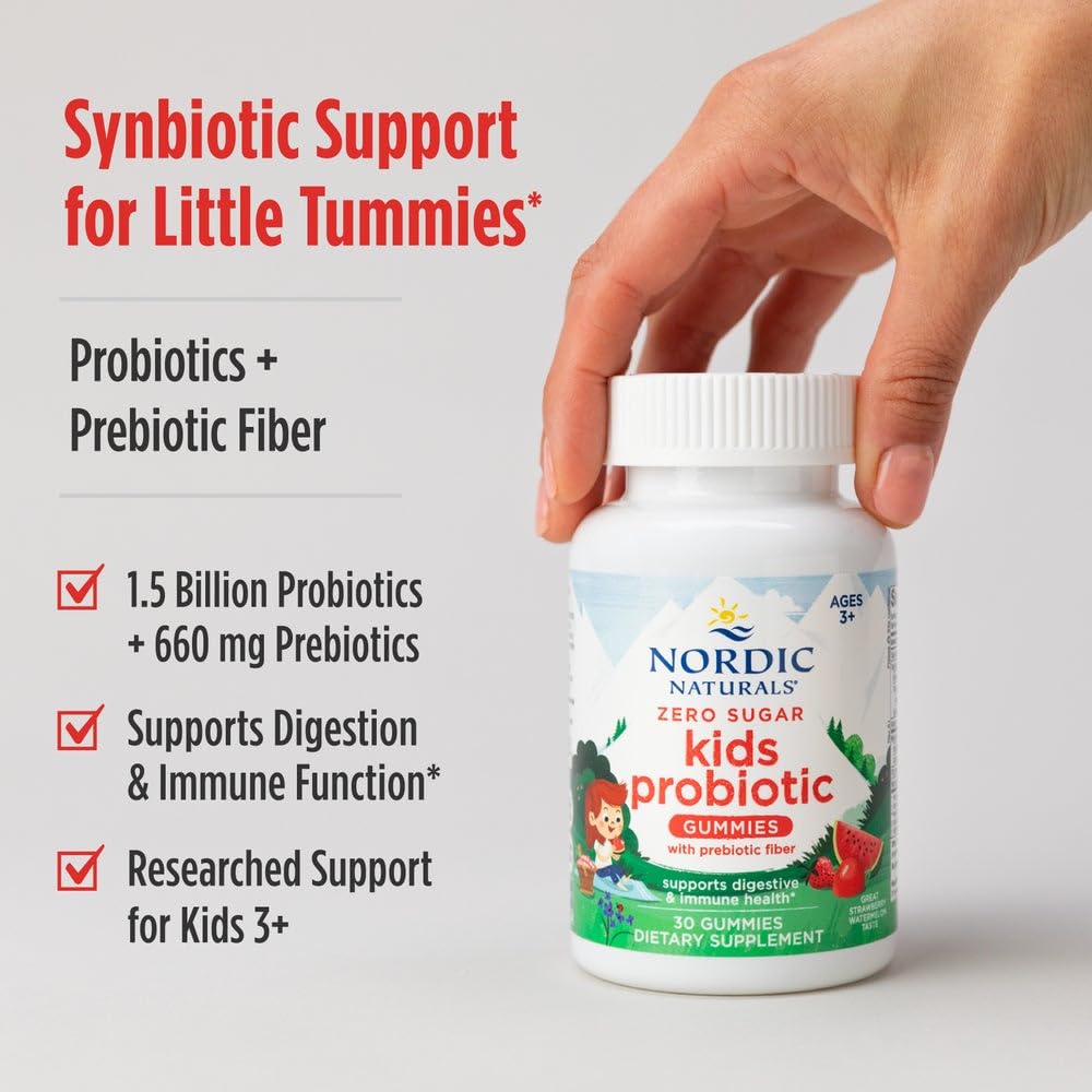 Nordic Naturals Zero Sugar Kids Probiotic Gummies room-temperature stability for easy storage.