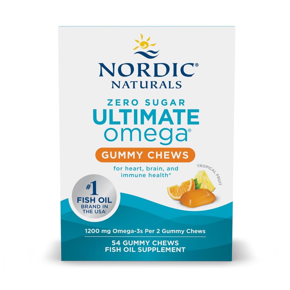 Nordic Naturals Zero Sugar Ultimate Omega Gummies bottle with tropical fruit flavor for daily omega-3 support