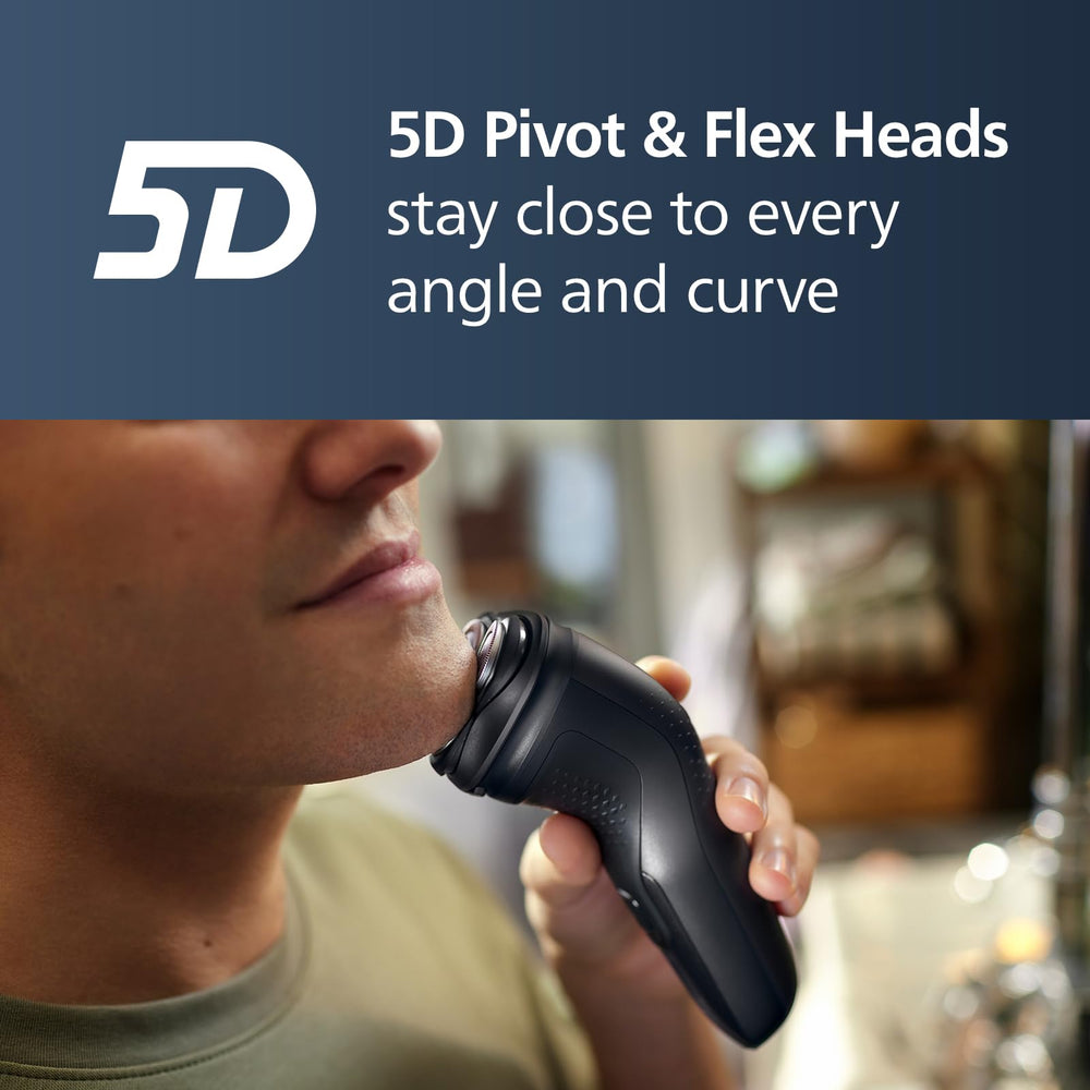 Norelco Shaver 3900 5D flex heads close-up showing adaptable curvature.
