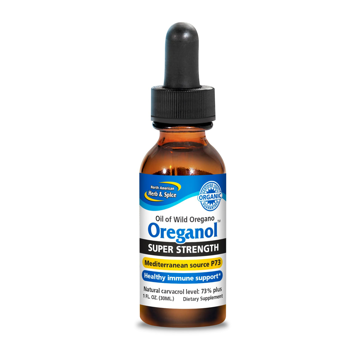 North American Herb & Spice Oreganol P73 bottle with wild oregano oil for daily use.