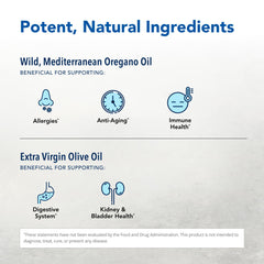 Oreganol P73 label shows wild Mediterranean oregano origin with organic extra virgin olive oil carrier.