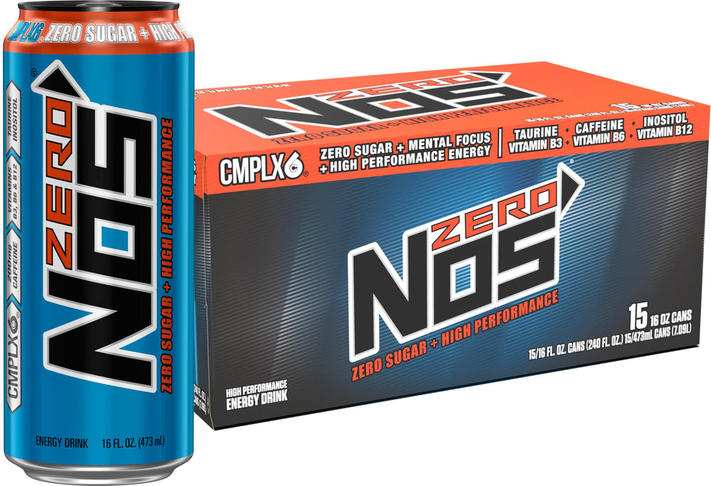 NOS Zero Sugar energy can with tropical-passion flavor for crisp daytime focus