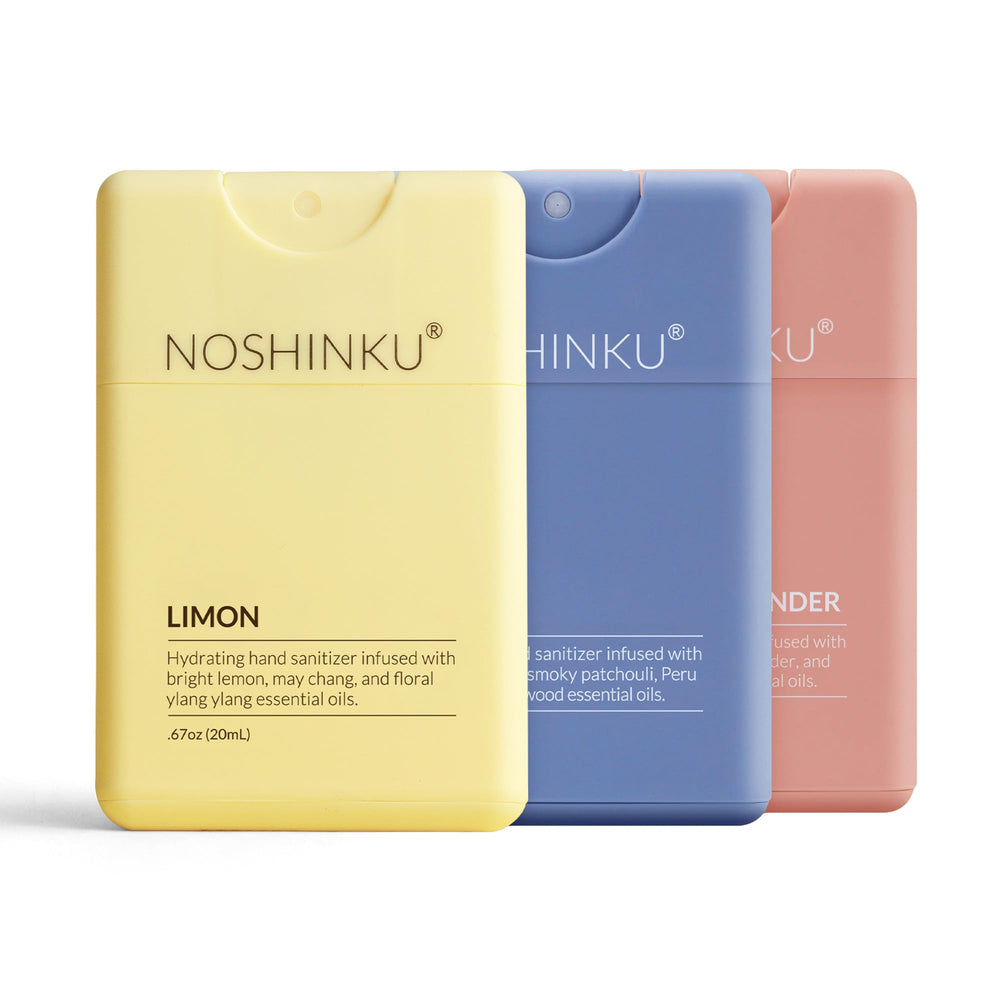 Noshinku Discovery Deux 3-pack bottle front, showcasing refillable sanitizer for travel readiness.