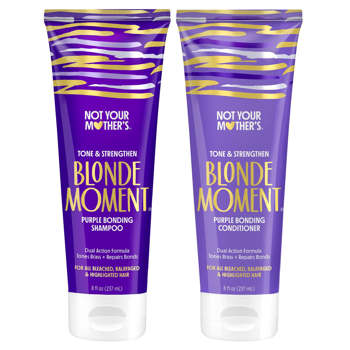 Not Your Mother's Blonde Moment Purple Shampoo bottle highlighting anti-brass toning for blonde and silver hair.