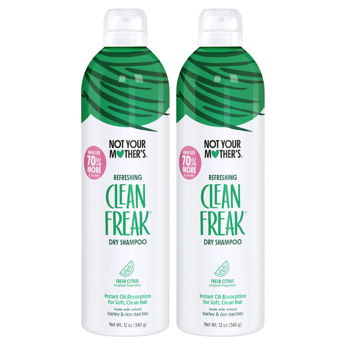 Not Your Mother's Clean Freak dry shampoo 2-pack provides instant oil absorption for refreshed hair.