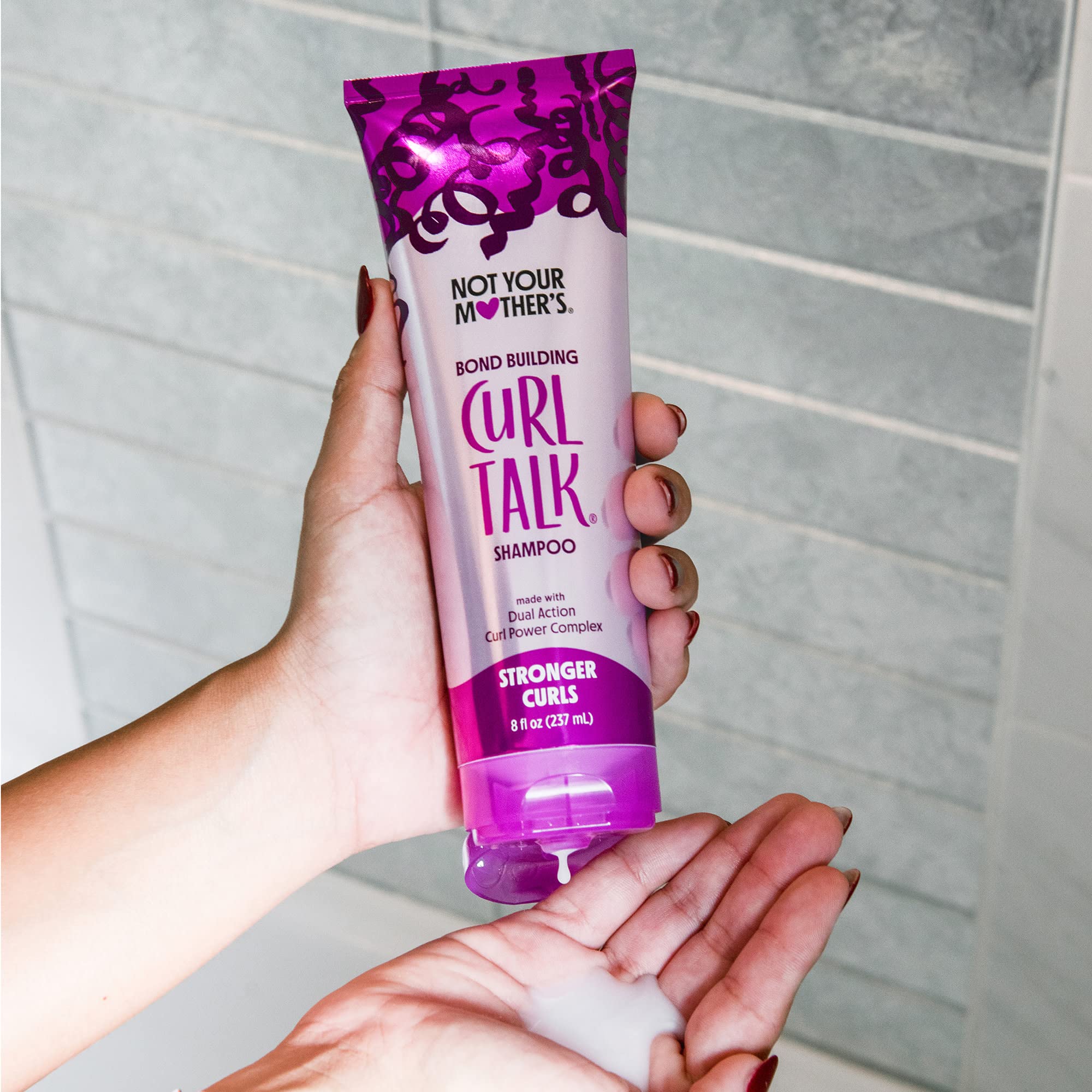 Not Your Mother's Curl Talk Bond Building Shampoo label close-up highlights silicone-free formula.