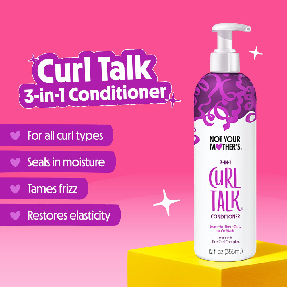 Not Your Mother's Curl Talk Shampoo label closeup with rice curl complex benefits