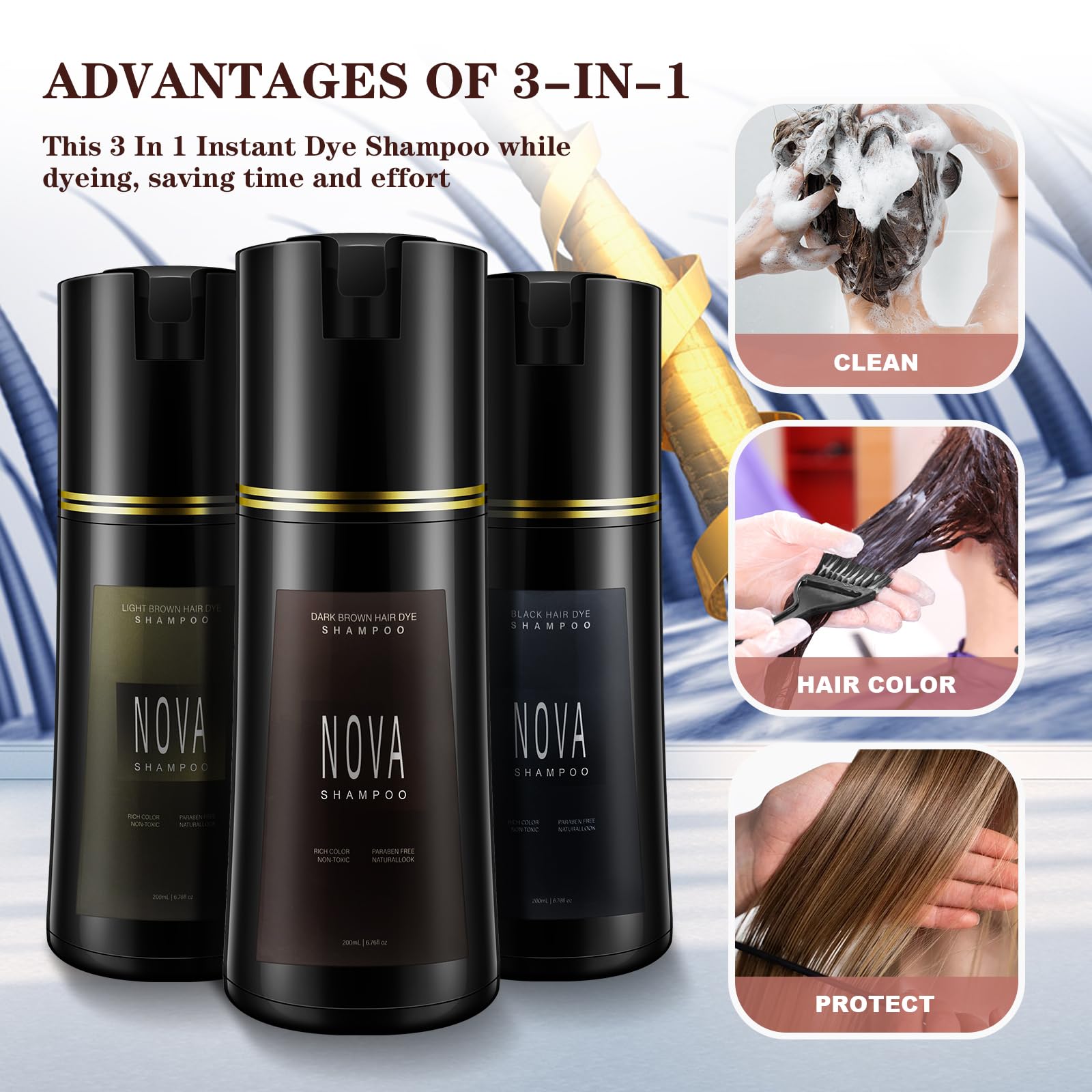 Nova Shampoo at-home usage scene with glove-ready routine.