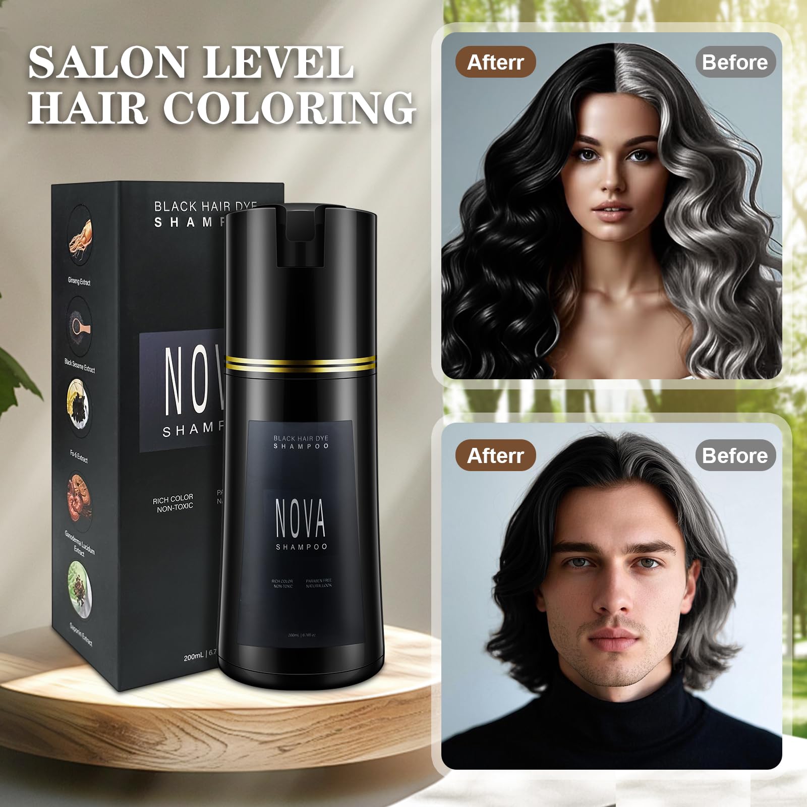 Nova Shampoo hair color application close-up highlighting easy lather and quick results.