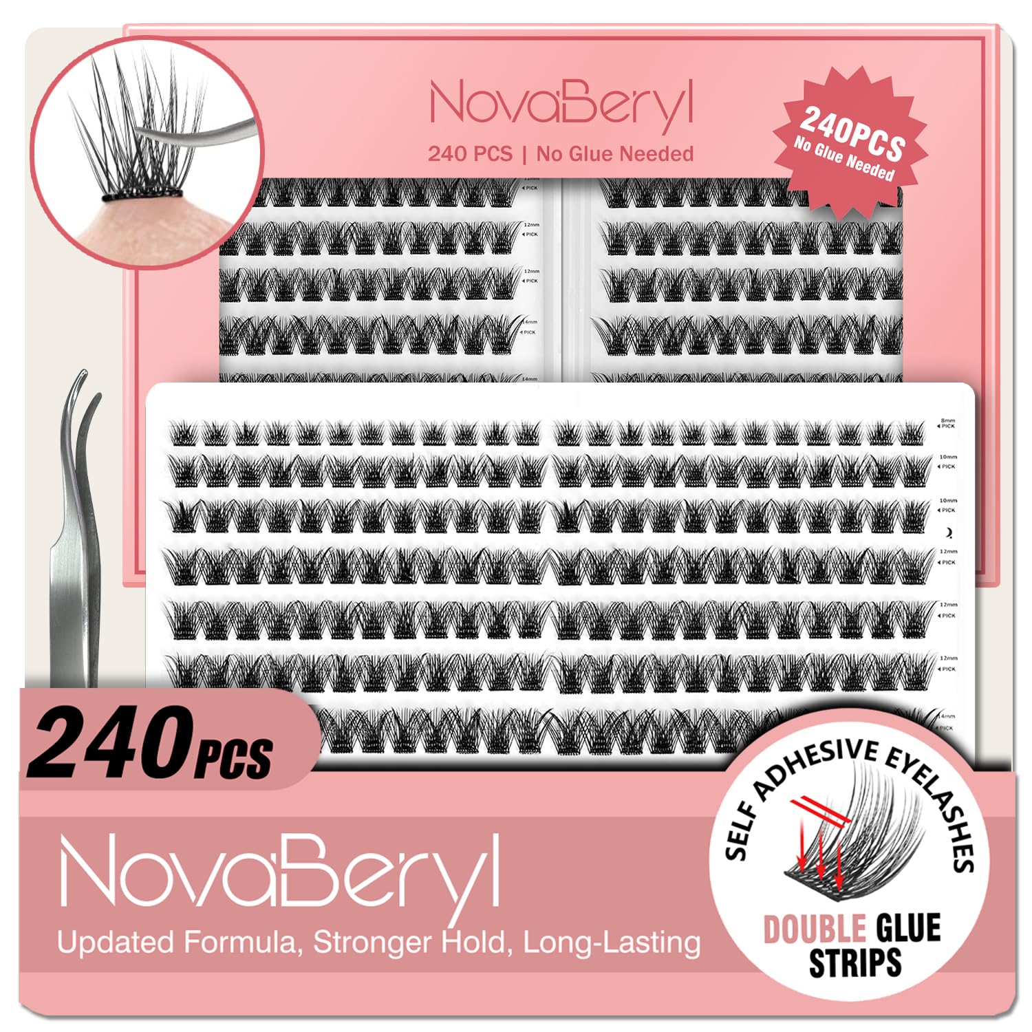 NovaBeryl self-adhesive lash clusters close-up from a 240-piece set.