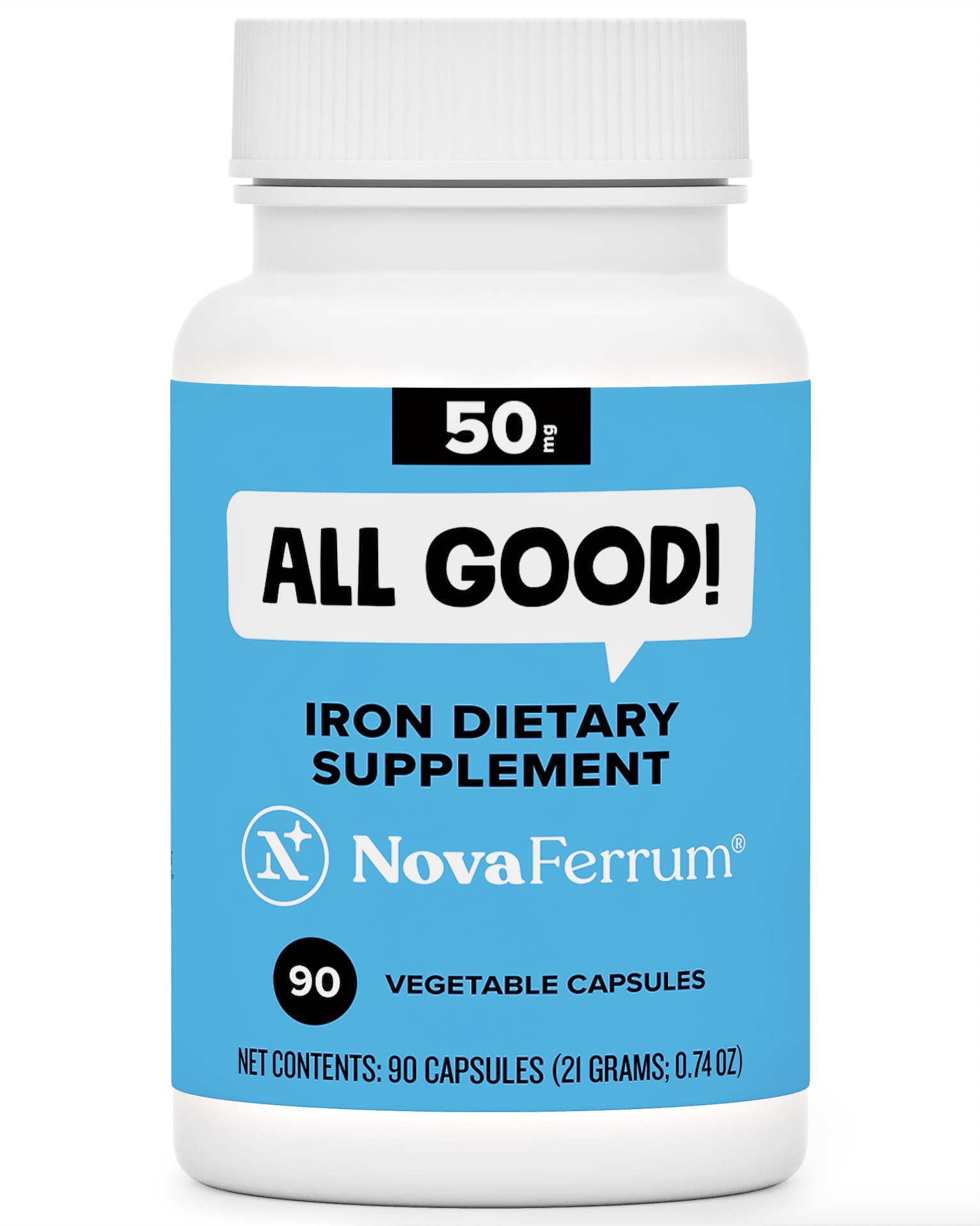 NovaFerrum All Good bottle front view, sugar-free iron support for adults.