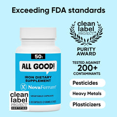 NovaFerrum All Good capsules close-up, 50 mg iron per serving for daily energy.
